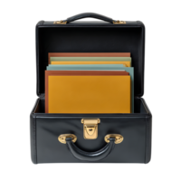 Open black leather briefcase with colorful files isolated on transparent background png