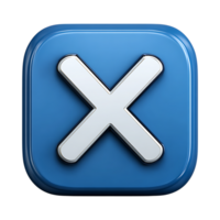 3d render of a blue square button with a silver x mark isolated on transparent background png