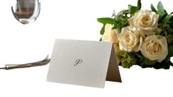 Elegant white place card with letter p initial isolated on transparent background png