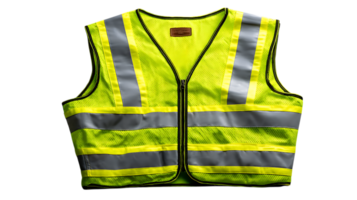 High visibility neon yellow safety vest with reflective strips for enhanced visibility and protection isolated on transparent background png