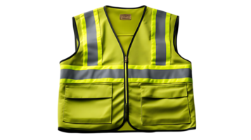High visibility lime green safety vest with reflective strips and pockets isolated on transparent background png