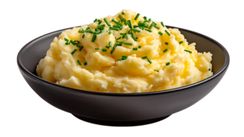 Creamy mashed potatoes with fresh chives sprinkled on top served in a dark bowl isolated on transparent background image png