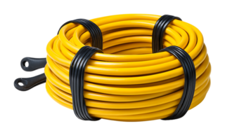 A coiled bright yellow electrical extension cord with black connectors and securing straps isolated on transparent background png