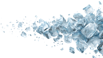 A dynamic cascade of clear angular ice cubes and fragments tumbling and scattering across a dark void isolated on transparent background png