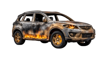 A heavily damaged and burning suv with flames engulfing the side and headlights isolated on transparent background png