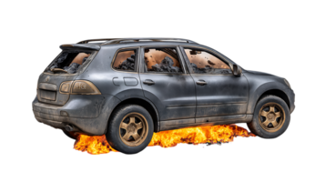 Damaged dark gray suv engulfed in flames with broken windows and debris inside isolated on transparent background png