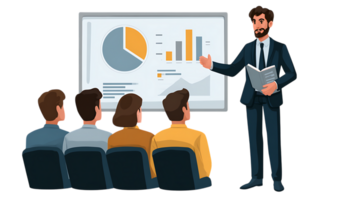Business presentation with a speaker and audience viewing charts and graphs on a whiteboard isolated on transparent background image png