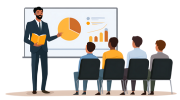 Business presentation with a speaker and audience viewing charts and graphs on a whiteboard on transparent background png