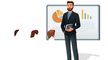 Business presentation with pie chart and bar graph by a confident speaker isolated on transparent background png