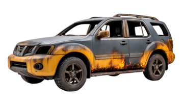 Post apocalyptic burned out suv with flame graphics isolated on transparent background png