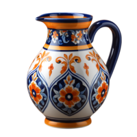 Ornate ceramic pitcher with vibrant blue and orange floral patterns on transparent background png