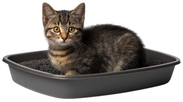 Adorable tabby kitten sitting in a litter box filled with dark litter isolated on transparent background png