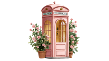 Charming pink watercolor telephone booth adorned with abundant blooming pink roses in terracotta pots isolated on transparent background png