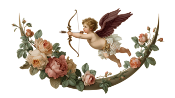 Vintage cherub with bow and arrow flying amidst a floral garland of roses and leaves isolated on transparent background png