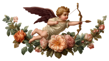 Victorian era cherub with bow and arrow surrounded by roses isolated on transparent background png