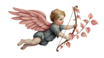 A cherubic cupid with large pink feathered wings and a bow adorned with pink leaves isolated on transparent background png