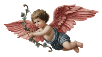 A classic cherub with pink wings and a blue garment aims a bow and arrow entwined with ivy isolated on transparent background png