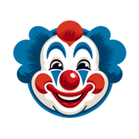 A cheerful clown face with blue hair red nose and white makeup isolated on transparent background png