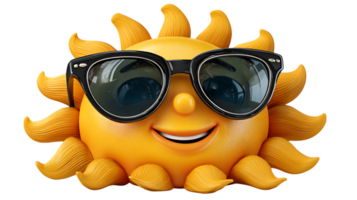 Cheerful cartoon sun character wearing stylish black sunglasses and smiling warmly isolated on transparent background png