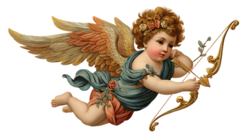 Vintage cherub with golden bow and arrow poised for flight adorned with roses and flowing drapery isolated on transparent background png