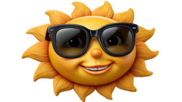 Cheerful cartoon sun character wearing stylish black sunglasses with a friendly smile and bright orange rays isolated on transparent background png