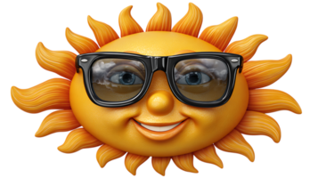 Smiling sun character wearing black eyeglasses reflecting clouds isolated on transparent background png