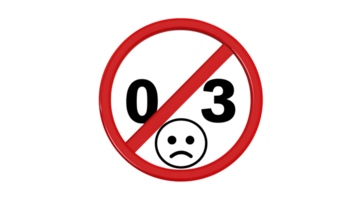 Prohibition sign with numbers zero and three and a sad face symbol isolated on transparent background png