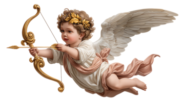 A cherubic angel with golden bow and arrow poised for flight adorned with a laurel wreath isolated on transparent background png