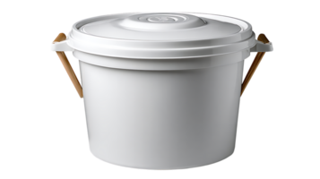 A clean white plastic bucket with a secure lid and wooden handle isolated on transparent background png