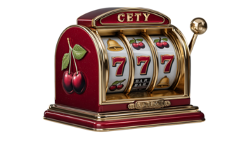 Classic red and gold slot machine with cherry symbols and triple seven jackpot isolated on transparent background png