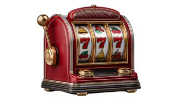 Classic red slot machine with golden lever and three reels showing lucky sevens and cherries isolated on transparent background png