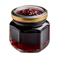 Glass jar filled with dark red berry jam and whole berries on top with a golden lid isolated on transparent background png