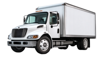 A clean white box truck with a silver trim and chrome grille parked on a transparent background for easy use isolated on transparent background png