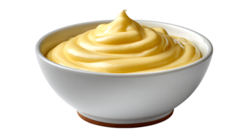 Creamy yellow custard or pudding swirled in a white bowl with a brown base isolated on transparent background png