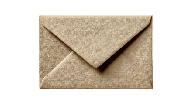 Close up of a textured beige envelope with a triangular flap folded over isolated on transparent background png