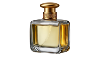 Luxurious square glass perfume bottle with gold cap and ornate detail filled with golden liquid isolated on transparent background png