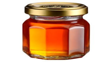 Golden liquid honey in a faceted glass jar with a shiny gold lid isolated on transparent background png