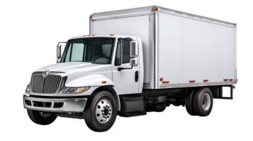 Modern white delivery box truck with chrome grille and details isolated on transparent background png