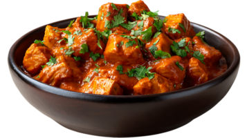 Delicious indian chicken tikka masala with fresh cilantro garnish in a dark bowl isolated on transparent background png