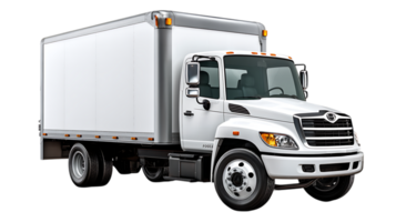 A clean white box truck with a silver trim and orange indicator lights isolated on transparent background png