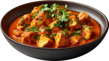 Delicious chicken tikka masala served in a dark bowl garnished with fresh cilantro isolated on transparent background png