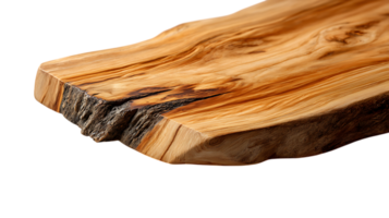 Close up of a rustic live edge wooden slab with natural grain patterns and bark texture isolated on transparent background png