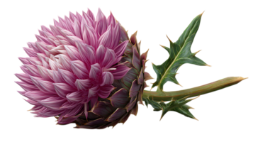 A detailed close up of a blooming pink thistle flower with spiky green leaves and stem isolated on transparent background png