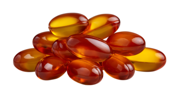 A pile of translucent amber colored oval softgel capsules isolated on a transparent background isolated on transparent background png