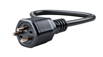 Close up of a black three prong electrical power plug with copper pins isolated on transparent background png