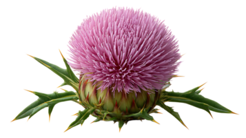 A detailed close up of a vibrant pink thistle flower with sharp green spiky leaves isolated on transparent background png
