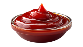 A glossy swirl of rich red ketchup elegantly presented in a clear glass bowl isolated on transparent background png