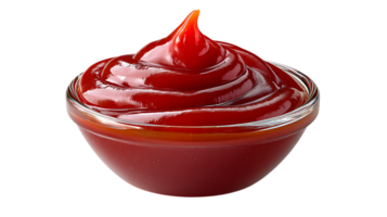 A swirl of rich red ketchup elegantly presented in a clear glass bowl isolated on transparent background png