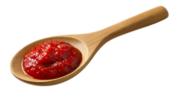 A wooden spoon holding a generous portion of thick textured tomato paste or sauce isolated on transparent background png