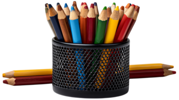 A collection of colorful sharpened pencils in a black mesh cup with two pencils lying in front isolated on transparent background png